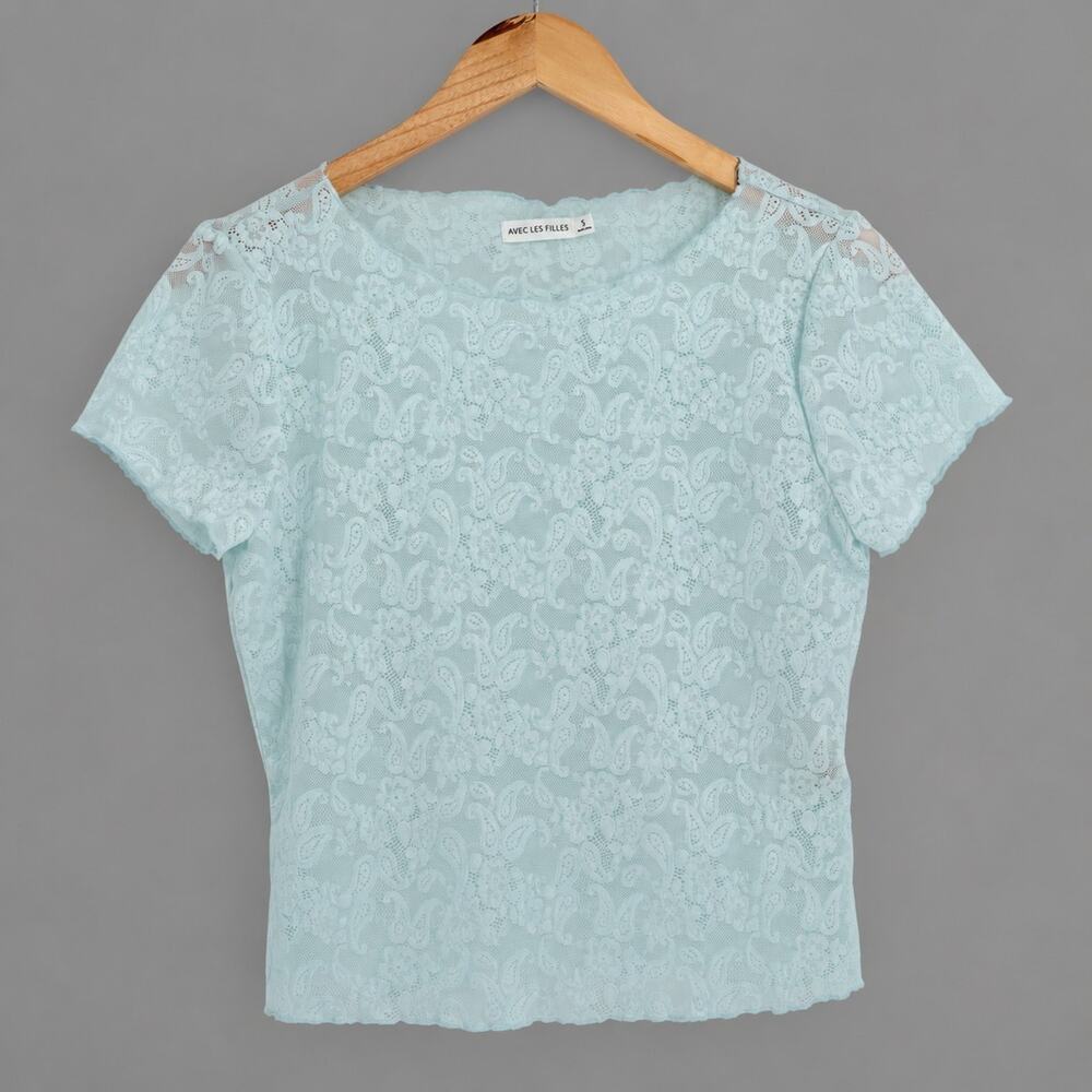 Avec Les Filles Mint Sheer Lace Cropped Cami Short Sleeve Tee Sz S